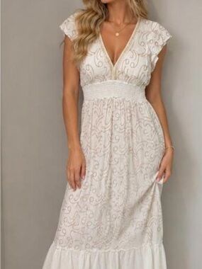 Soft Ivory Embroidered V-Neck Maxi Dress